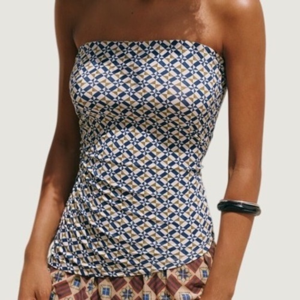 Anthropologie Gelandine Tube Top Medium Tile Mesh Ruched Side Blue Pattern NEW